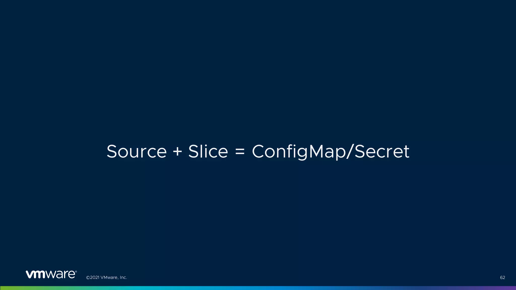 ©2021 VMware, Inc. 62
Source + Slice = ConfigMap/Secret
 