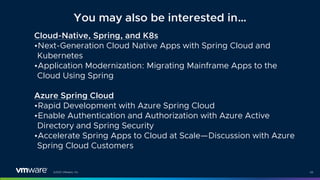 ©2021 VMware, Inc. 65
Cloud-Native, Spring, and K8s
•Next-Generation Cloud Native Apps with Spring Cloud and
Kubernetes
•Application Modernization: Migrating Mainframe Apps to the
Cloud Using Spring
Azure Spring Cloud
•Rapid Development with Azure Spring Cloud
•Enable Authentication and Authorization with Azure Active
Directory and Spring Security
•Accelerate Spring Apps to Cloud at Scale—Discussion with Azure
Spring Cloud Customers
You may also be interested in…
 