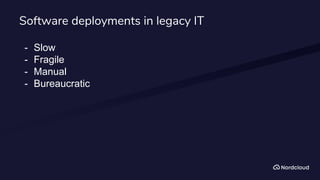Software deployments in legacy IT
- Slow
- Fragile
- Manual
- Bureaucratic
 