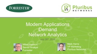 Modern Applications
Demand
Network Analytics
Mark Harris
VP Marketing
Pluribus Networks
July 26th, 2016
Milan Hanson,
Senior Analyst
Forrester
 