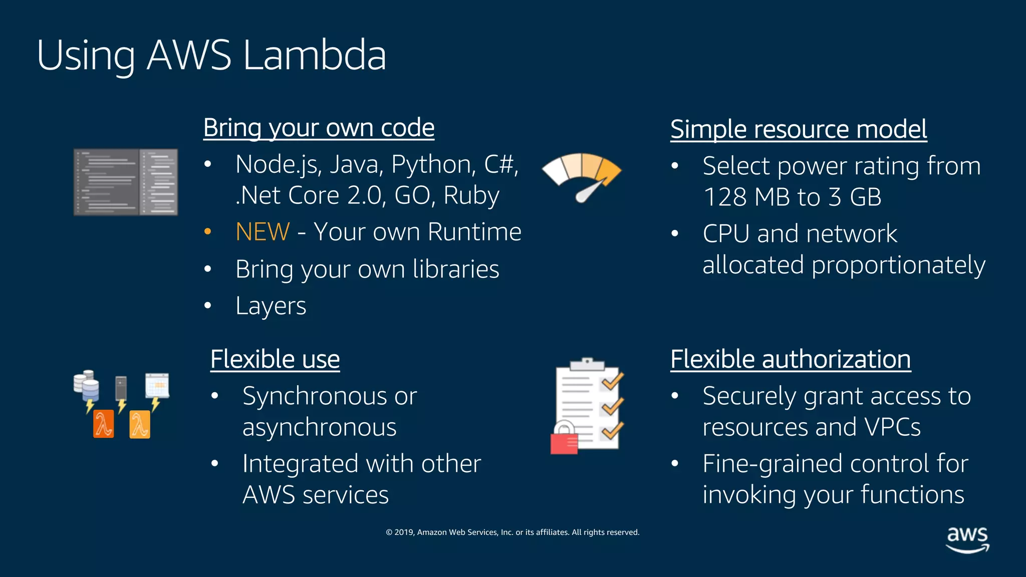 © 2019, Amazon Web Services, Inc. or its affiliates. All rights reserved.
Using AWS Lambda
Simple resource model
• Select power rating from
128 MB to 3 GB
• CPU and network
allocated proportionately
Flexible use
• Synchronous or
asynchronous
• Integrated with other
AWS services
Flexible authorization
• Securely grant access to
resources and VPCs
• Fine-grained control for
invoking your functions
Bring your own code
• Node.js, Java, Python, C#,
.Net Core 2.0, GO, Ruby
• NEW - Your own Runtime
• Bring your own libraries
• Layers
 