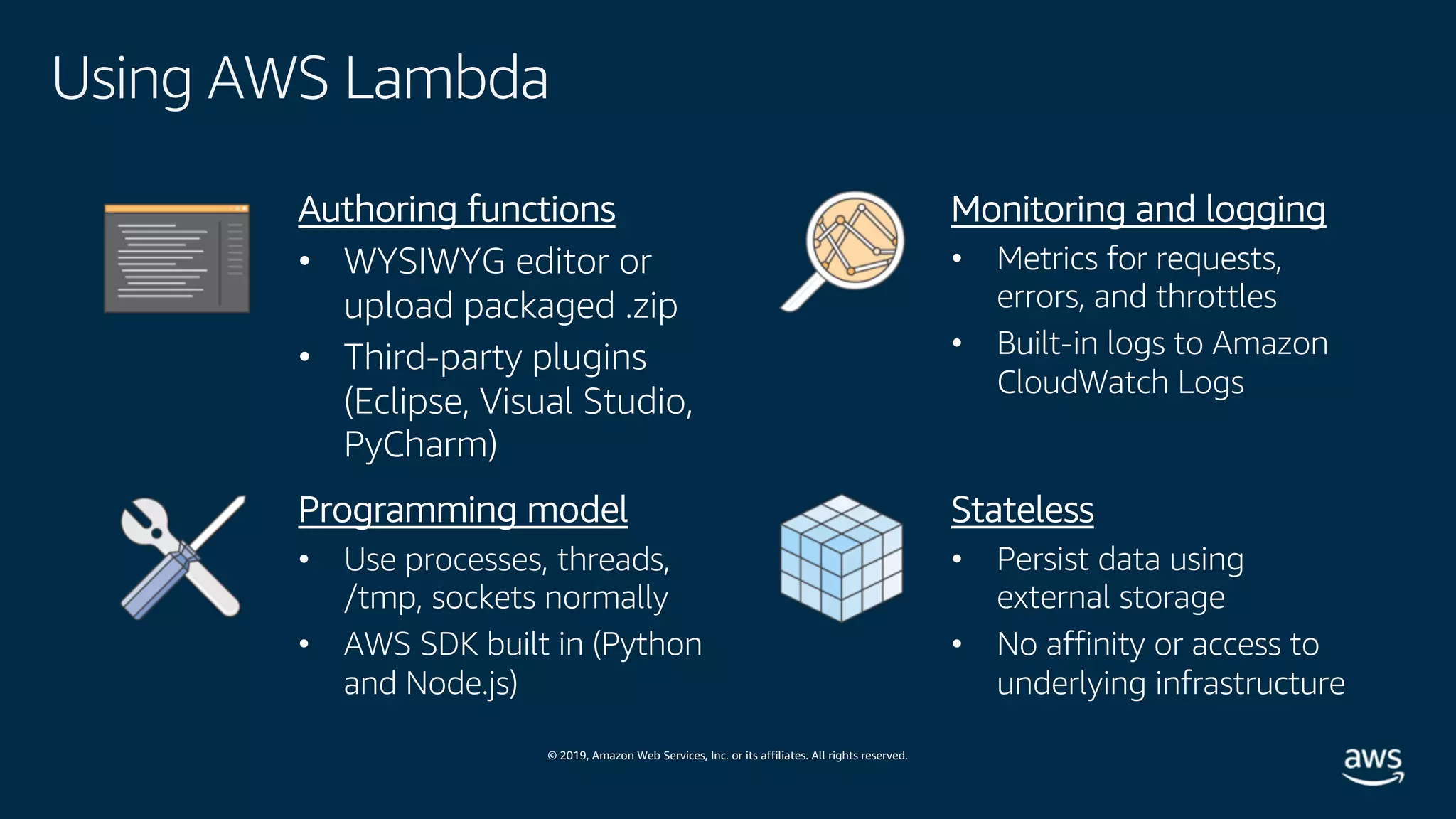 © 2019, Amazon Web Services, Inc. or its affiliates. All rights reserved.
Using AWS Lambda
Authoring functions
• WYSIWYG editor or
upload packaged .zip
• Third-party plugins
(Eclipse, Visual Studio,
PyCharm)
Monitoring and logging
• Metrics for requests,
errors, and throttles
• Built-in logs to Amazon
CloudWatch Logs
Programming model
• Use processes, threads,
/tmp, sockets normally
• AWS SDK built in (Python
and Node.js)
Stateless
• Persist data using
external storage
• No affinity or access to
underlying infrastructure
 