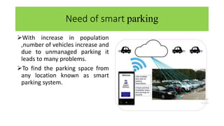 Need of smart parking
With increase in population
,number of vehicles increase and
due to unmanaged parking it
leads to many problems.
To find the parking space from
any location known as smart
parking system.
 