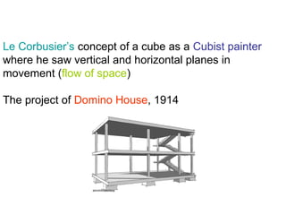 Le Corbusier’s concept of a cube as a Cubist painter
where he saw vertical and horizontal planes in
movement (flow of space)
The project of Domino House, 1914
 