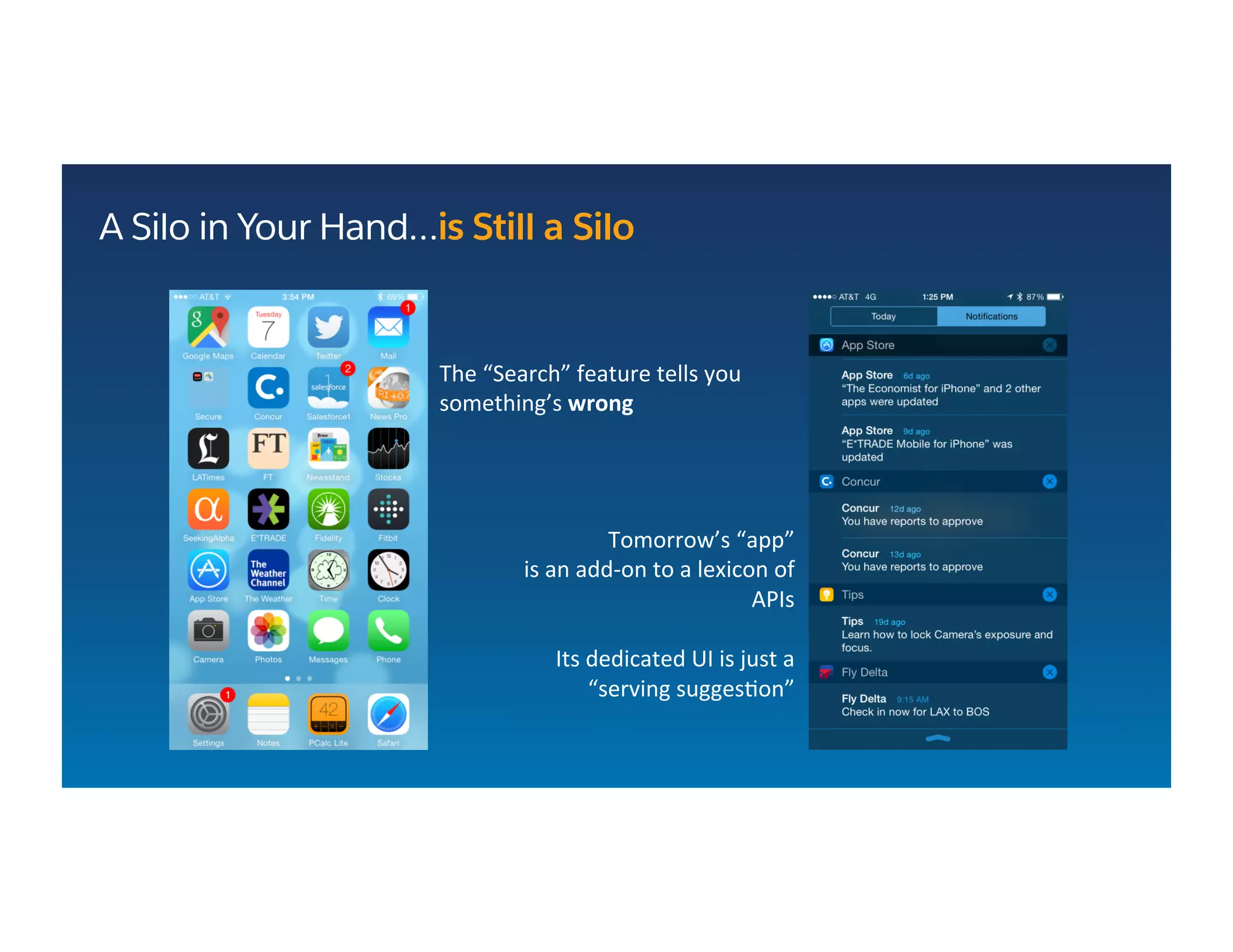 A Silo in Your Hand…is Still a Silo
The	
  “Search”	
  feature	
  tells	
  you	
  
something’s	
  wrong	
  
Tomorrow’s	
  “app”	
  
is	
  an	
  add-­‐on	
  to	
  a	
  lexicon	
  of	
  
APIs	
  
	
  
Its	
  dedicated	
  UI	
  is	
  just	
  a	
  
“serving	
  sugges&on”	
  	
  
 