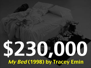 $230,000My Bed (1998) by Tracey Emin
$MillionsBlack Square (1915) by K. Malevich
 