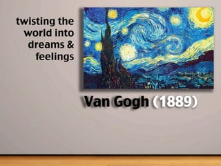 twisting the
world into
dreams 
feelings
Van Gogh (1889)
 