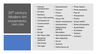 20th century
Modern Art
movements:
1900-1999
• Abstract
expressionism
• Art deco
• Bauhaus
• Colour-field painting
• Conceptual art
• Constructivism
• Cubism
• Dada
• De stijl
• Der blaue reiter
• Deutscher
werkbund
• Die brücke
• The eight
• Expressionism
• Fauvism
• Fluxus
• Futurism
• Group f.64
• Harlem renaissance
• Impressionism
• Metaphysical
painting
• Minimalism
• Neo-expressionism
• New objectivity
• Op art
• Orphism
• Performance art
• Photo-realism
• Photo secession
• Pop art
• Precisionism
• Purism
• Social realism
• Street photography
• Suprematism
• Surrealism
• Tachism
• Vorticism
 