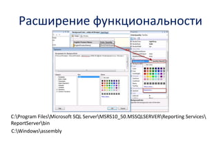 Расширение функциональности
C:Windowsassembly
C:Program FilesMicrosoft SQL ServerMSRS10_50.MSSQLSERVERReporting Services
ReportServerbin
 