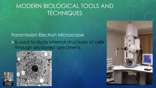 MODERN BIOLOGICAL TOOLS AND
TECHNIQUES
Transmission Electron Microscope
Is used to study internal structures of cells
through sectioned specimens.
 