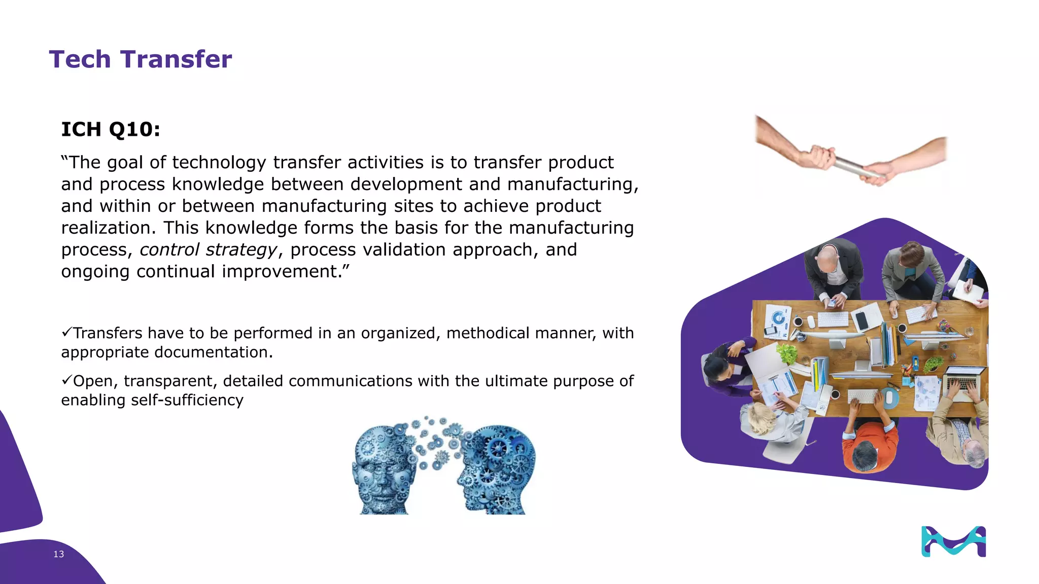 Tech Transfer
ICH Q10:
“The goal of technology transfer activities is to transfer product
and process knowledge between development and manufacturing,
and within or between manufacturing sites to achieve product
realization. This knowledge forms the basis for the manufacturing
process, control strategy, process validation approach, and
ongoing continual improvement.”
✓Transfers have to be performed in an organized, methodical manner, with
appropriate documentation.
✓Open, transparent, detailed communications with the ultimate purpose of
enabling self-sufficiency
13
 