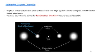 63
Permissible Circle of Confusion
– In optics, a circle of confusion is an optical spot caused by a cone of light rays fr...