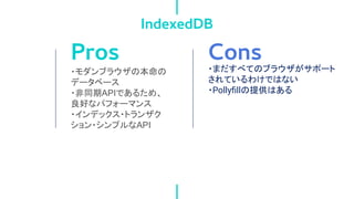 IndexedDB
・モダンブラウザの本命の
データベース
・非同期APIであるため、
良好なパフォーマンス
・インデックス・トランザク
ション・シンプルなAPI
・まだすべてのブラウザがサポート
されているわけではない
・Pollyﬁllの提供はある
Pros Cons
 