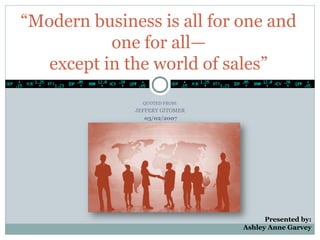 QUOTED FROM:
JEFFERY GITOMER
03/02/2007
“Modern business is all for one and
one for all—
except in the world of sales”
Presented by:
Ashley Anne Garvey
 
