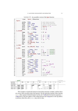 13. ALLOCATION, INITIALIZATION AND DESTRUCTION 137
LISTING 2.5. An assembler version of the fgoto function
10 . t y p e fgoto , @function
11 fgoto:
12 pushq %rbp # save base pointer
13 movq %rsp , %rbp # load stack pointer
14 subq $48, %rsp # adjust stack pointer
15 movl %edi , -36(%rbp) # fgoto#0 => n
16 movl $0, -4(%rbp) # init j
17 movq $0, -16(%rbp) # init p
18 .L_AGAIN:
19 cmpq $0, -16(%rbp) # i f (p)
20 je .L_ELSE
21 movq -16(%rbp), %rax # p ==> rax
22 movl (%rax), %edx # *p ==> edx
23 movq -24(%rbp), %rax # ( == q)?
24 cmpq -16(%rbp), %rax # (p == )?
25 jne .L_YES
26 movl $.L_STR_EQ, %eax # yes
27 jmp .L_NO
28 .L_YES:
29 movl $.L_STR_NE, %eax # no
30 .L_NO:
31 movl -4(%rbp), %e s i # j ==> p r i n t f #1
32 movl %edx, %ecx # *p ==> p r i n t f #3
33 movq %rax, %rdx # eq/ne ==> p r i n t f #2
34 movl $.L_STR_FRMT, %edi # frmt ==> p r i n t f #0
35 movl $0, %eax # clear eax
36 c a l l p r i n t f
37 .L_ELSE:
38 movq -16(%rbp), %rax # p ==|
39 movq %rax, -24(%rbp) # ==> q
40 movl -4(%rbp), %eax # j ==|
41 movl %eax, -28(%rbp) # ==> cmp_lit
42 leaq -28(%rbp), %rax # &cmp_lit ==|
43 movq %rax, -16(%rbp) # ==> p
44 addl $1, -4(%rbp) # ++j
45 movl -4(%rbp), %eax # i f (j
46 cmpl -36(%rbp), %eax # <= n)
47 jbe .L_AGAIN # goto AGAIN
48 leave # rearange stack
49 ret # return
. . . printf fgoto caller . . .
position -48 . . . −36 . . . −28 . . . −24 . . . −16 . . . −8 . . . −4 . . . rbp . . .
meaning n cmp_lit q p j
after init /////garb /////garb 2 /////garb /////garb 0 /////garb 0
after iter 0 /////garb /////garb 2 0 0 rbp-28 /////garb 1
after iter 1 /////garb /////garb 2 1 rbp-28 rbp-28 /////garb 2
This example is of particular interest to learn about automatic variables, and how these
are set up, when execution enters the function. On this particular machine when entering
fgoto, three registers hold information for this call: %edi holds the function argument, n,
%rbp points to the base address of the calling function and %rsp points to the top address
in memory where this call to fgoto may store its data.
 