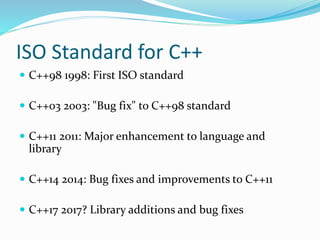 ISO Standard for C++
 C++98 1998: First ISO standard
 C++03 2003: "Bug fix" to C++98 standard
 C++11 2011: Major enhancement to language and
library
 C++14 2014: Bug fixes and improvements to C++11
 C++17 2017? Library additions and bug fixes
 