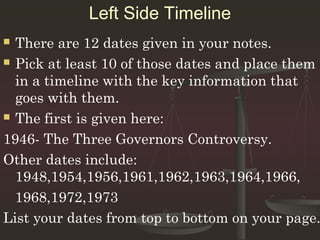 Left Side Timeline
 There are 12 dates given in your notes.
 Pick at least 10 of those dates and place them

  in a timeline with the key information that
  goes with them.
 The first is given here:

1946- The Three Governors Controversy.
Other dates include:
  1948,1954,1956,1961,1962,1963,1964,1966,
  1968,1972,1973
List your dates from top to bottom on your page.
 