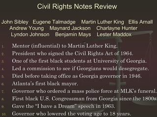 Civil Rights Notes Review

John Sibley Eugene Talmadge Martin Luther King Ellis Arnall
   Andrew Young Maynard Jackson Charlayne Hunter
   Lyndon Johnson Benjamin Mays Lester Maddox

1.    Mentor (influential) to Martin Luther King.
2.    President who signed the Civil Rights Act of 1964.
3.    One of the first black students at University of Georgia.
4.    Led a commission to see if Georgians would desegregate.
5.    Died before taking office as Georgia governor in 1946.
6.    Atlanta’s first black mayor.
7.    Governor who ordered a mass police force at MLK’s funeral.
8.    First black U.S. Congressman from Georgia since the 1800s.
9.    Gave the “I have a Dream” speech in 1963.
10.   Governor who lowered the voting age to 18 years.
 