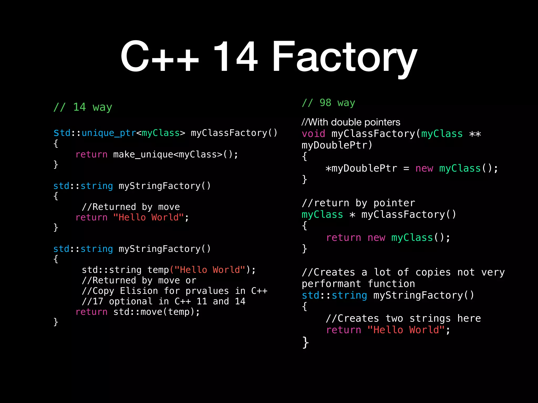C++ 14 Factory
// 98 way
//With double pointers

void myClassFactory(myClass **
myDoublePtr)
{
*myDoublePtr = new myClass();
}
//return by pointer
myClass * myClassFactory()
{
return new myClass();
}
//Creates a lot of copies not very
performant function
std::string myStringFactory()
{
//Creates two strings here
return "Hello World";
}
// 14 way
std::unique_ptr<myClass> myClassFactory()
{
return make_unique<myClass>();
}
std::string myStringFactory()
{
//Returned by move
return "Hello World";
}
 
std::string myStringFactory()
{
std::string temp("Hello World");
//Returned by move or
//Copy Elision for prvalues in C++
//17 optional in C++ 11 and 14
return std::move(temp);
}
 