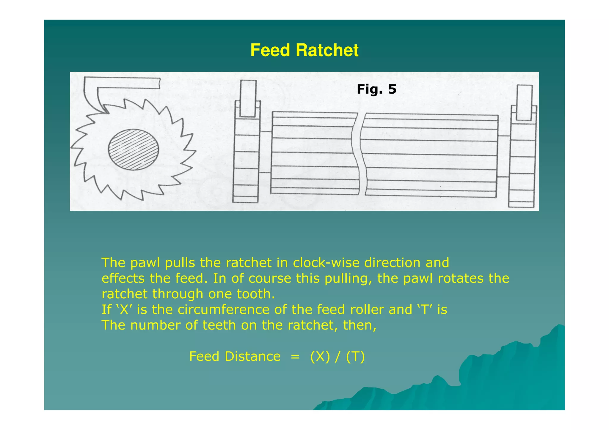 Feed Ratchet
The pawl pulls the ratchet in clock-wise direction and
effects the feed. In of course this pulling, the pawl rotates the
ratchet through one tooth.
If ‘X’ is the circumference of the feed roller and ‘T’ is
The number of teeth on the ratchet, then,
Feed Distance = (X) / (T)
Fig. 5
 