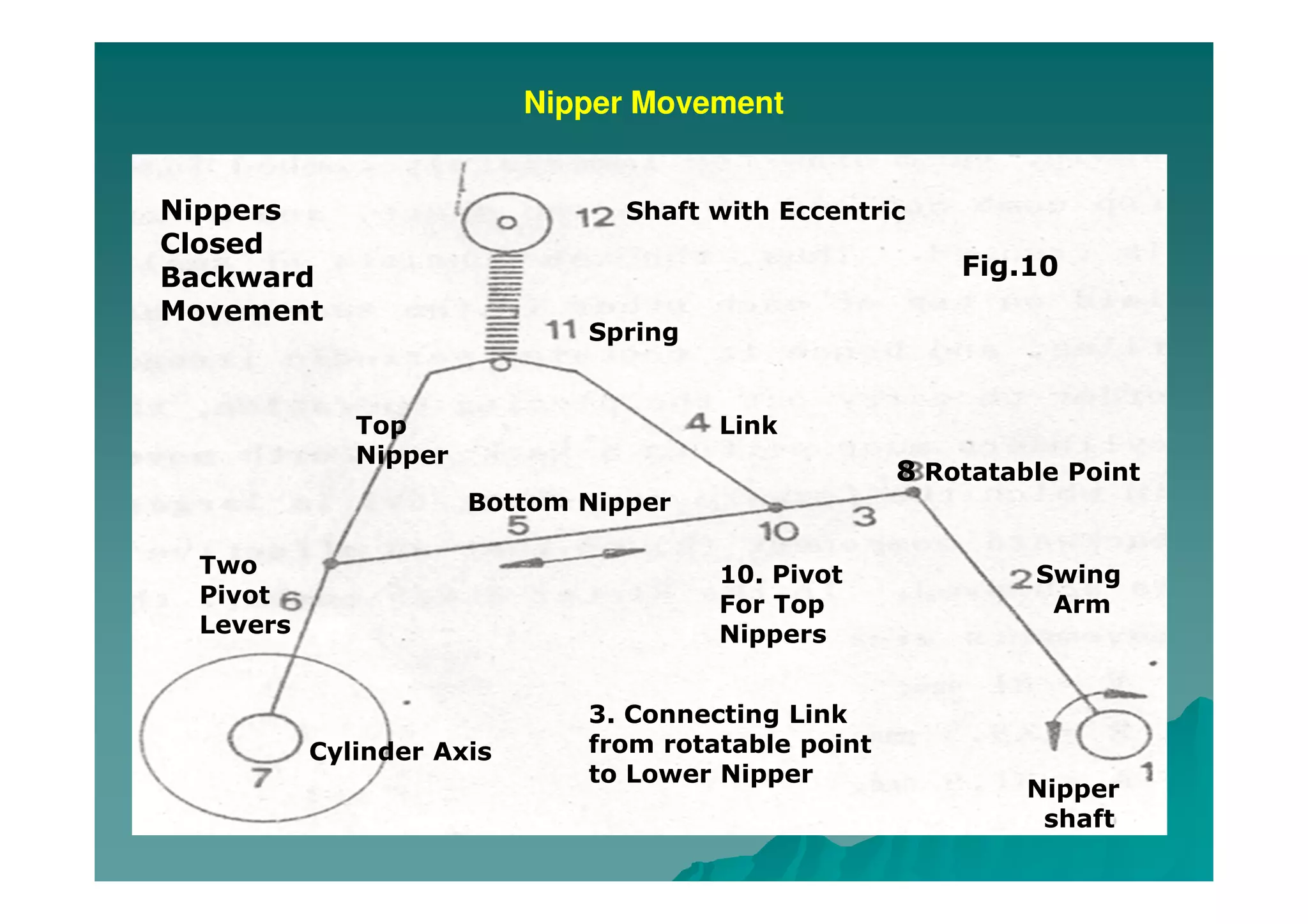 Nipper Movement
Shaft with Eccentric
Spring
Link
Rotatable Point
Swing
Arm
Nipper
shaft
Bottom Nipper
Top
Nipper
Two
Pivot
Levers
Cylinder Axis
10. Pivot
For Top
Nippers
3. Connecting Link
from rotatable point
to Lower Nipper
Nippers
Closed
Backward
Movement
Fig.10
8
 