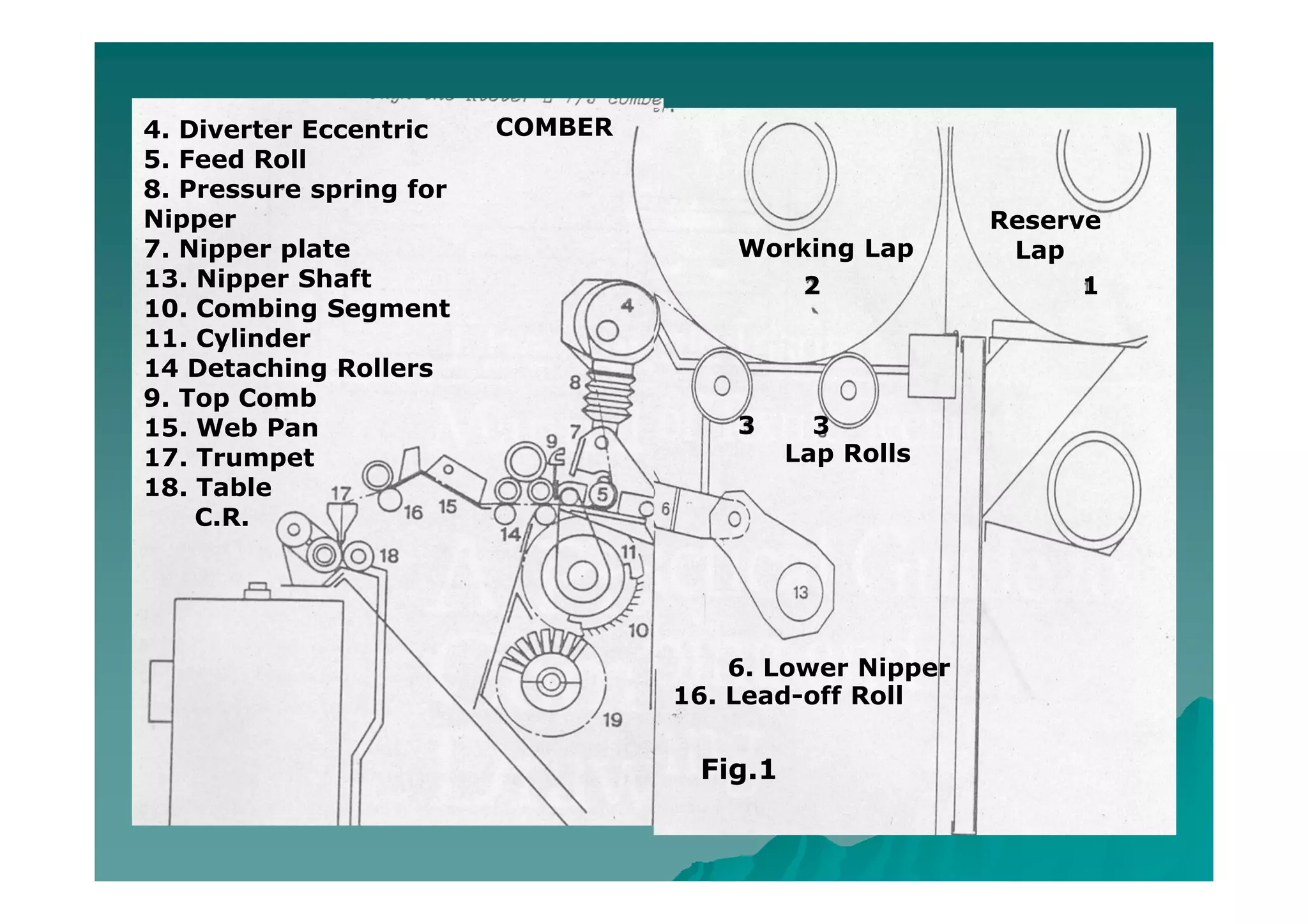 4. Diverter Eccentric
5. Feed Roll
8. Pressure spring for
Nipper
7. Nipper plate
13. Nipper Shaft
10. Combing Segment
11. Cylinder
14 Detaching Rollers
9. Top Comb
15. Web Pan
17. Trumpet
18. Table
C.R.
COMBER
12
33
Fig.1
Working Lap
Reserve
Lap
Lap Rolls
6. Lower Nipper
16. Lead-off Roll
 