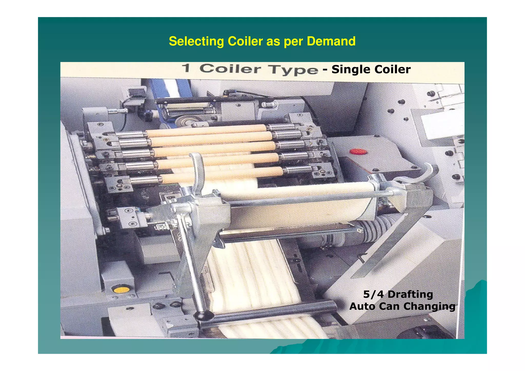 Selecting Coiler as per Demand
5/4 Drafting
Auto Can Changing
- Single Coiler
 