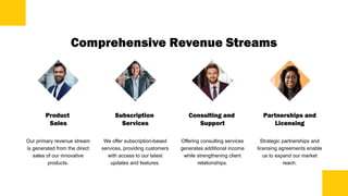 Comprehensive Revenue Streams
Product
Sales
Our primary revenue stream
is generated from the direct
sales of our innovative
products.
Subscription
Services
We offer subscription-based
services, providing customers
with access to our latest
updates and features.
Consulting and
Support
Offering consulting services
generates additional income
while strengthening client
relationships.
Partnerships and
Licensing
Strategic partnerships and
licensing agreements enable
us to expand our market
reach.
 