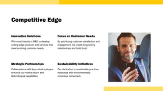 Competitive Edge
Innovative Solutions
We invest heavily in R&D to develop
cutting-edge products and services that
meet evolving customer needs.
Strategic Partnerships
Collaborations with key industry players
enhance our market reach and
technological capabilities.
Focus on Customer Needs
By prioritizing customer satisfaction and
engagement, we create long-lasting
relationships and build trust.
Sustainability Initiatives
Our dedication to sustainable practices
resonates with environmentally
conscious consumers.
 