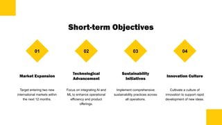 Short-term Objectives
01
Market Expansion
Target entering two new
international markets within
the next 12 months.
02
Technological
Advancement
Focus on integrating AI and
ML to enhance operational
efficiency and product
offerings.
03
Sustainability
Initiatives
Implement comprehensive
sustainability practices across
all operations.
04
Innovation Culture
Cultivate a culture of
innovation to support rapid
development of new ideas.
 