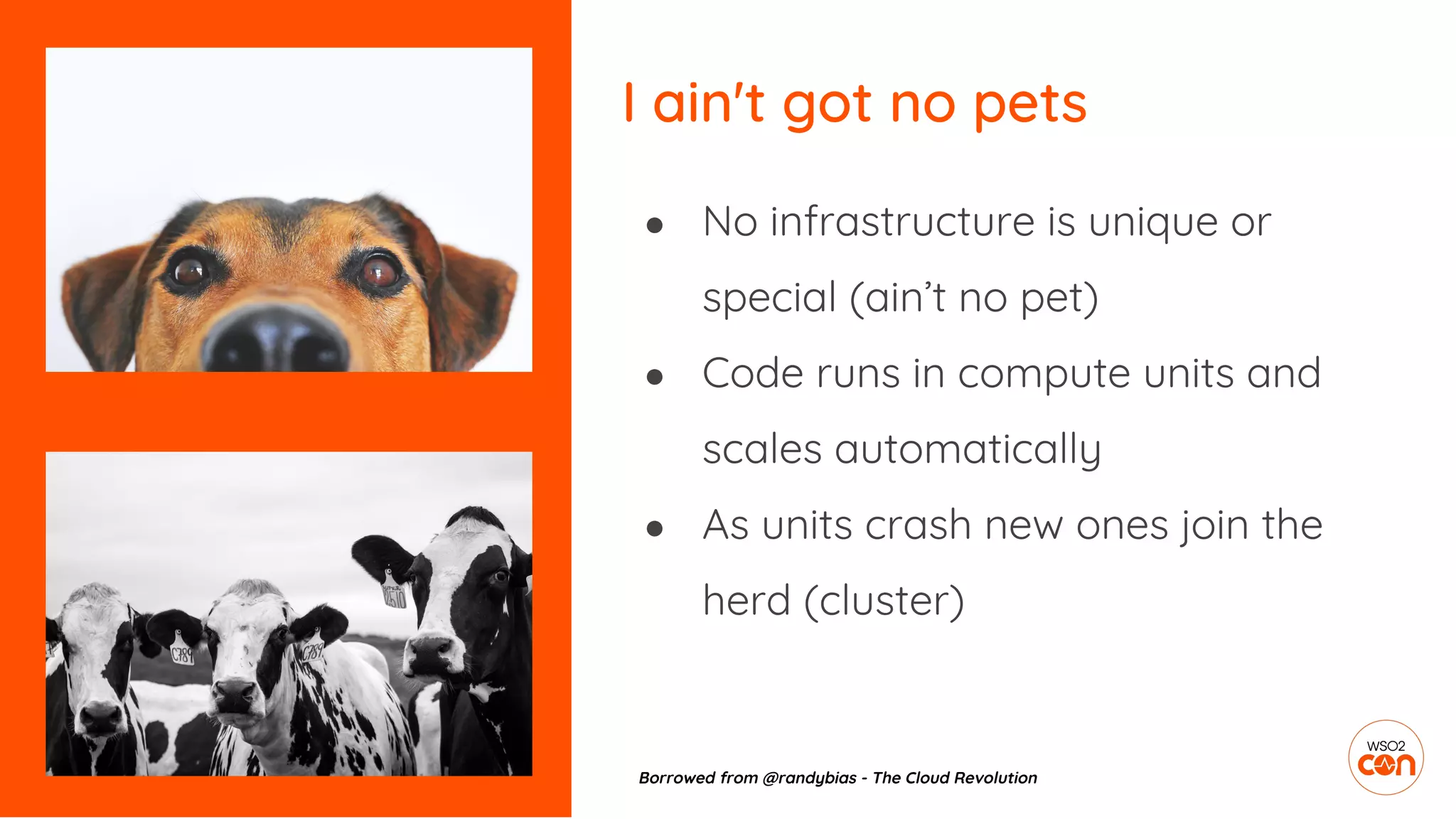 I ain't got no pets
● No infrastructure is unique or
special (ain’t no pet)
● Code runs in compute units and
scales automatically
● As units crash new ones join the
herd (cluster)
Borrowed from @randybias - The Cloud Revolution
 