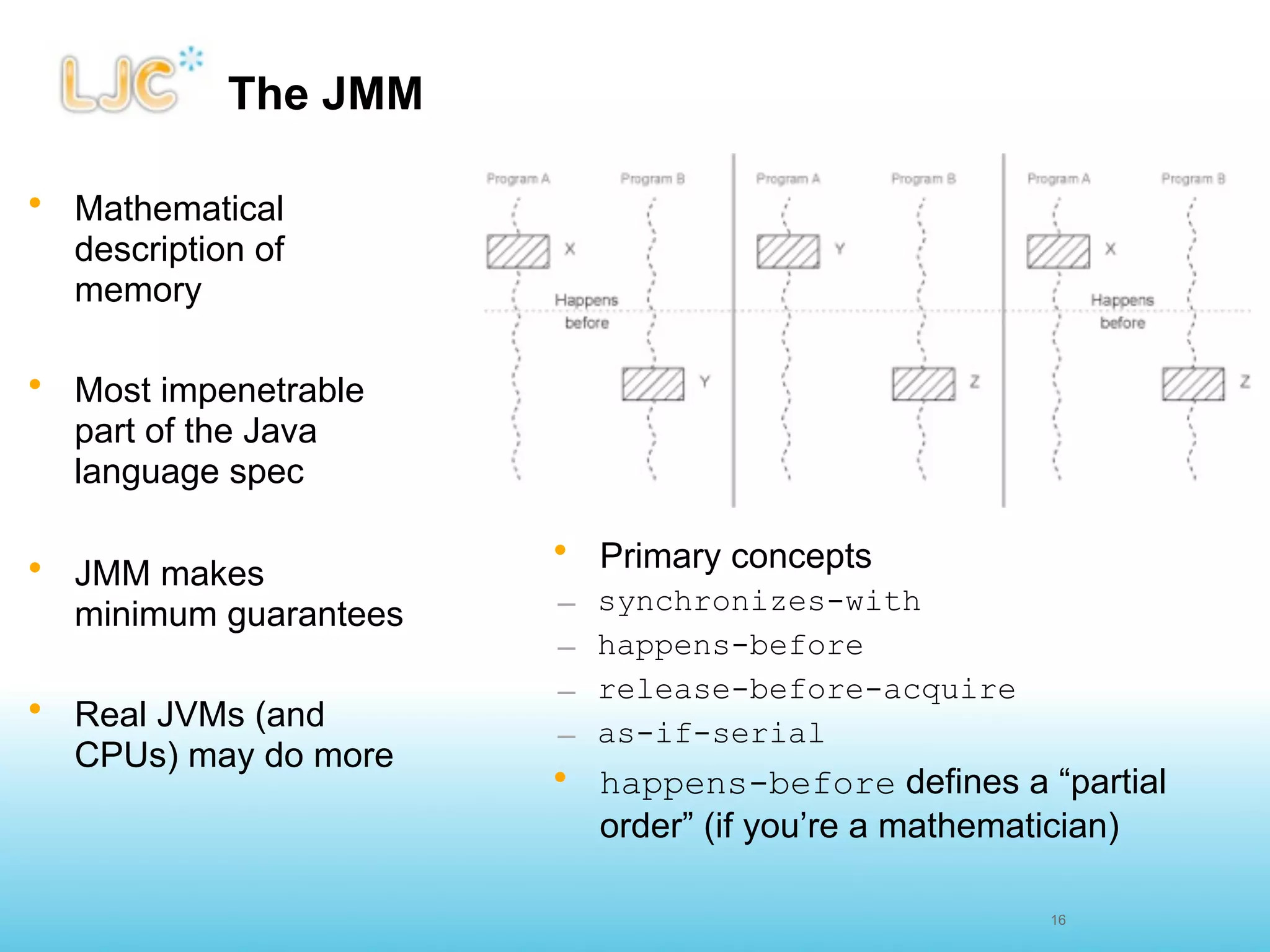 The JMM

• Mathematical
  description of
  memory

• Most impenetrable
  part of the Java
  language spec

• JMM makes            • Primary concepts
                       –   synchronizes-with
  minimum guarantees
                       –   happens-before
                       –   release-before-acquire
• Real JVMs (and
                       –   as-if-serial
  CPUs) may do more
                       • happens-before defines a “partial
                         order” (if you’re a mathematician)

                                                    16
 