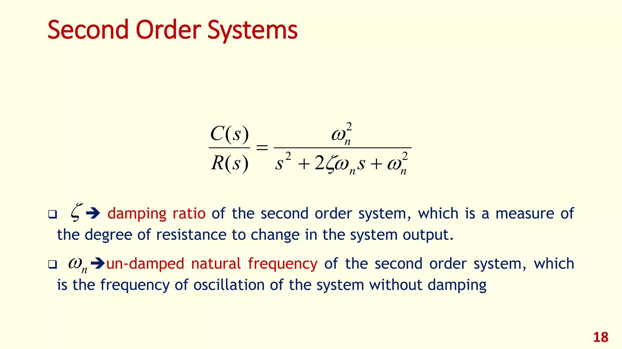 Second Order Systems
  damping ratio of the second order system, which is a measure of
the degree of resistance to change in the system output.
 un-damped natural frequency of the second order system, which
is the frequency of oscillation of the system without damping
18
22
2
2)(
)(
nn
n
sssR
sC





n
 