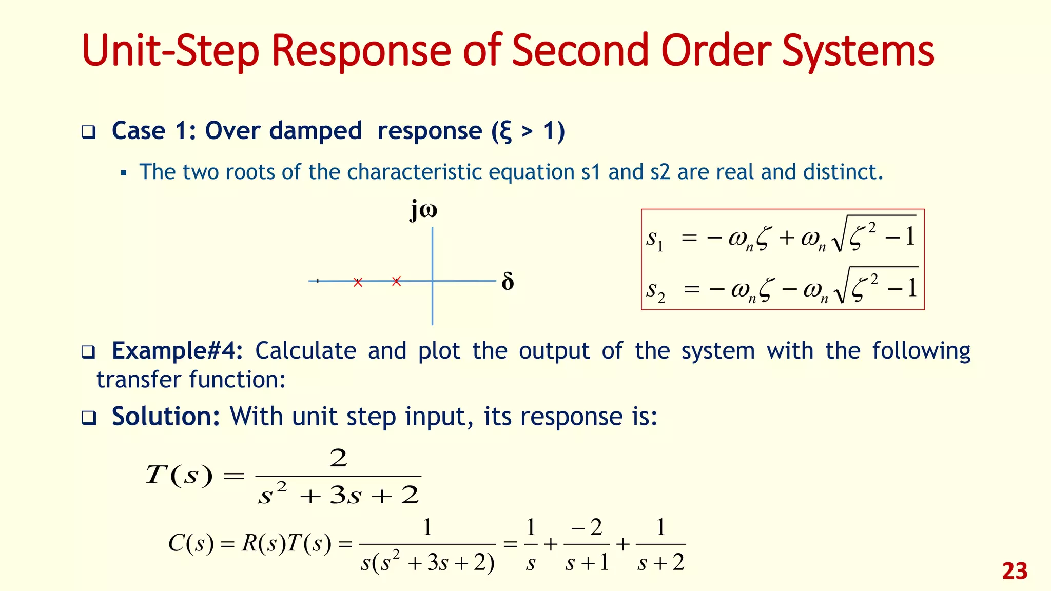 Unit-Step Response of Second Order Systems
 Case 1: Over damped response (ξ > 1)
 The two roots of the characteristic equation s1 and s2 are real and distinct.
 Example#4: Calculate and plot the output of the system with the following
transfer function:
 Solution: With unit step input, its response is:
23
δ
jω
23
2
)( 2


ss
sT
2
1
1
21
)23(
1
)()()( 2







ssssss
sTsRsC
1
1
2
2
2
1




nn
nn
s
s
 