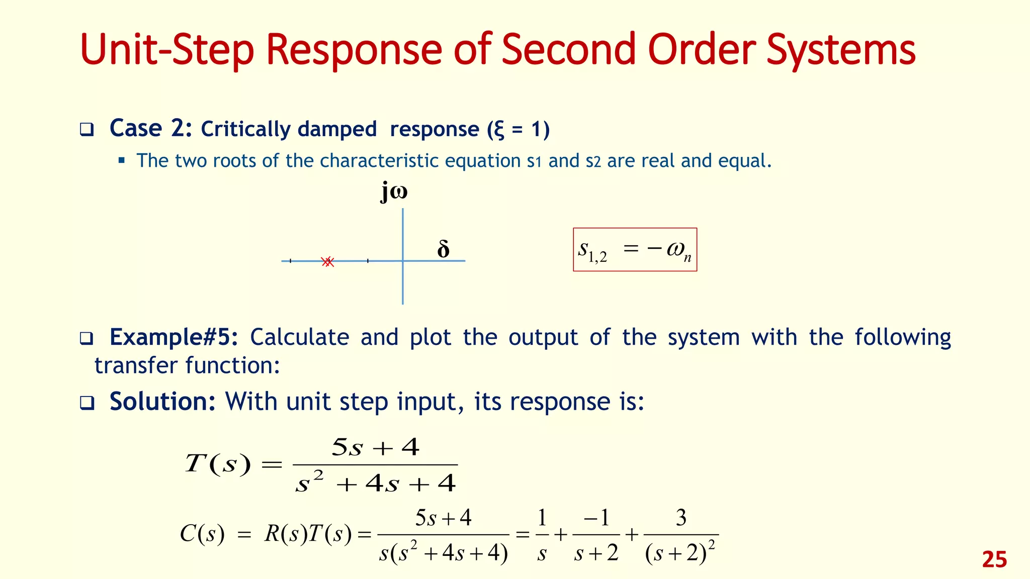 Unit-Step Response of Second Order Systems
 Case 2: Critically damped response (ξ = 1)
 The two roots of the characteristic equation s1 and s2 are real and equal.
 Example#5: Calculate and plot the output of the system with the following
transfer function:
 Solution: With unit step input, its response is:
25
δ
jω
44
45
)( 2



ss
s
sT
22
)2(
3
2
11
)44(
45
)()()(








ssssss
s
sTsRsC
ns 2,1
 