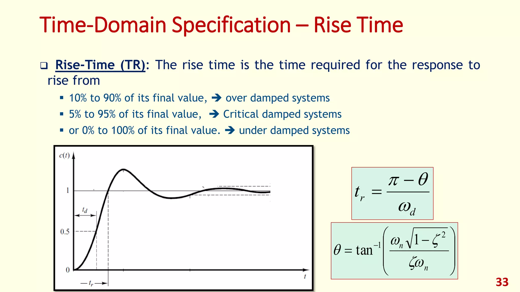 Time-Domain Specification – Rise Time
 Rise-Time (TR): The rise time is the time required for the response to
rise from
 10% to 90% of its final value,  over damped systems
 5% to 95% of its final value,  Critical damped systems
 or 0% to 100% of its final value.  under damped systems
33
d
rt

 








 
 
n
n



2
1 1
tan
 