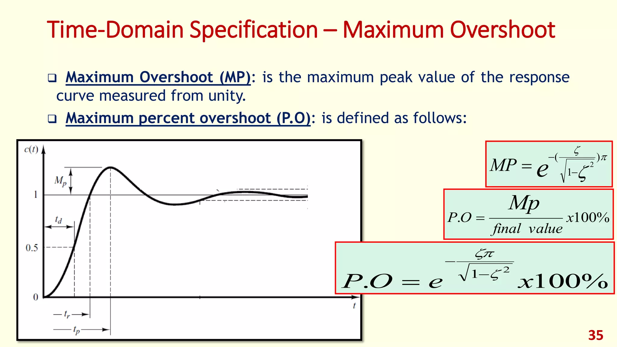 Time-Domain Specification – Maximum Overshoot
 Maximum Overshoot (MP): is the maximum peak value of the response
curve measured from unity.
 Maximum percent overshoot (P.O): is defined as follows:
35
eMP



)
1
(
2



%100.
2
1
xeOP 




%100. x
valuefinal
OP
Mp

 