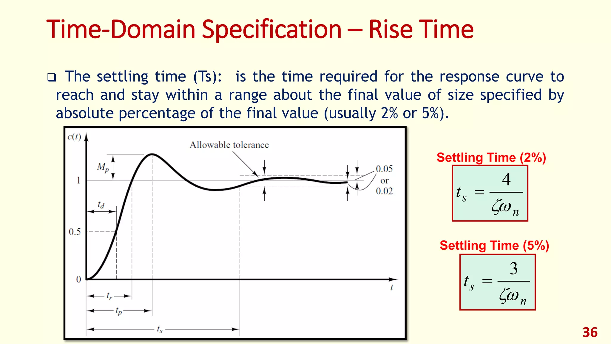 Time-Domain Specification – Rise Time
 The settling time (Ts): is the time required for the response curve to
reach and stay within a range about the final value of size specified by
absolute percentage of the final value (usually 2% or 5%).
36
n
st

4

Settling Time (2%)
n
st

3

Settling Time (5%)
 
