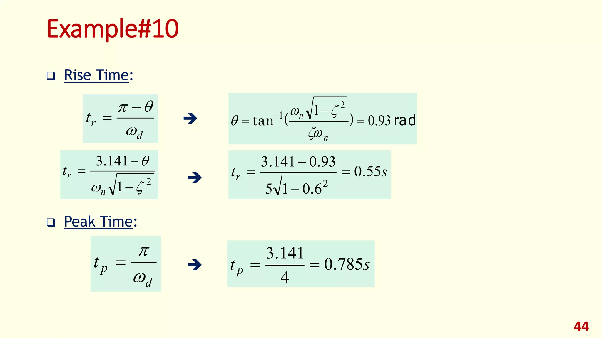 Example#10
 Rise Time:


 Peak Time:

44
d
rt

 

2
1
1413





n
rt
.
rad930
1 2
1
.)(tan 

 
n
n



str 550
6015
9301413
2
.
.
..




d
pt


 stp 7850
4
1413
.
.

 