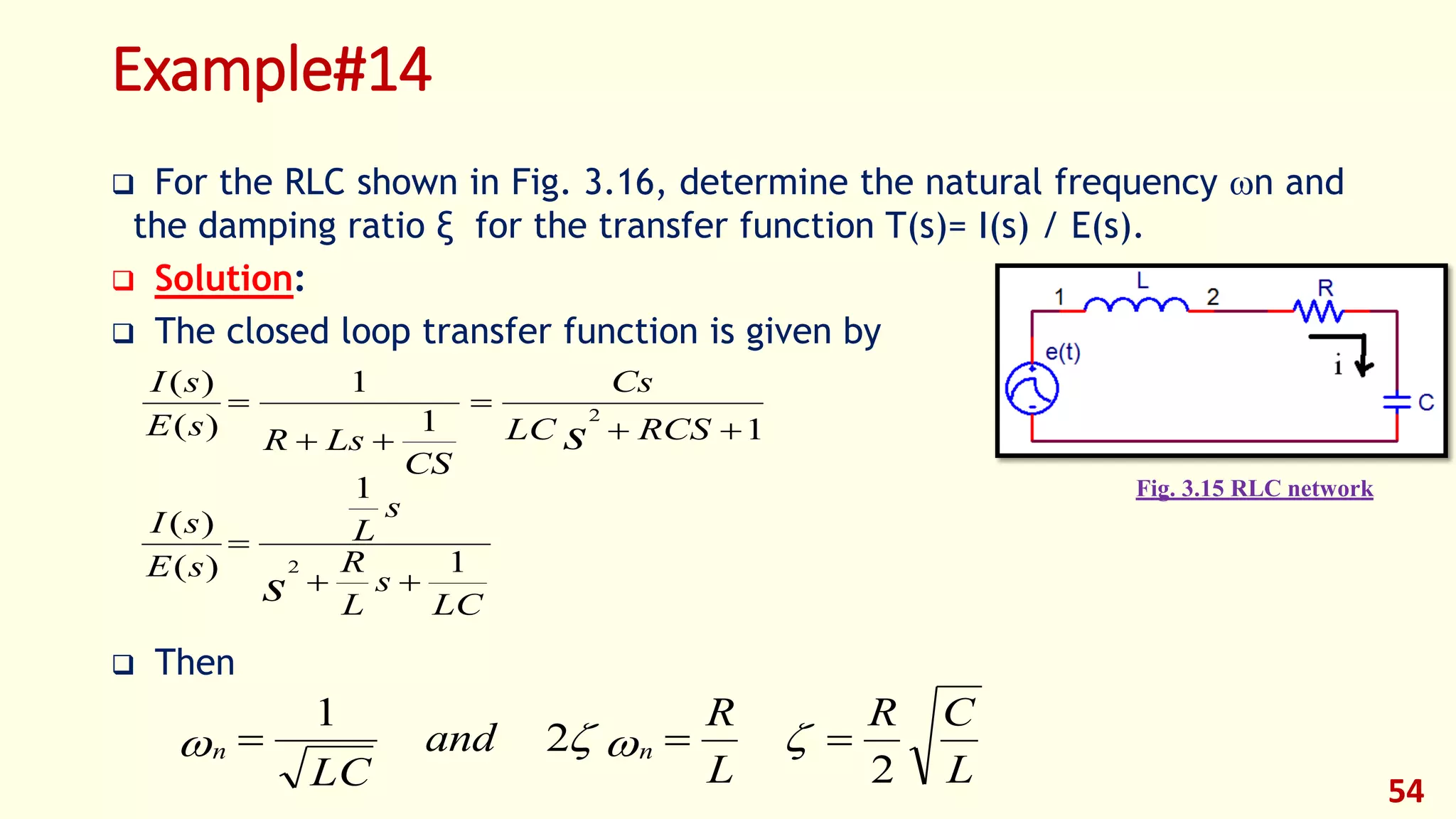 Example#14
 For the RLC shown in Fig. 3.16, determine the natural frequency n and
the damping ratio ξ for the transfer function T(s)= I(s) / E(s).
 Solution:
 The closed loop transfer function is given by
 Then
54
11
1
)(
)(
2




RCSLC
Cs
CS
LsRsE
sI
s
L
CR
L
R
and
LC
nn
2
2
1
 
Fig. 3.15 RLC network
LC
s
L
R
s
L
sE
sI
s
1
1
)(
)(
2


 