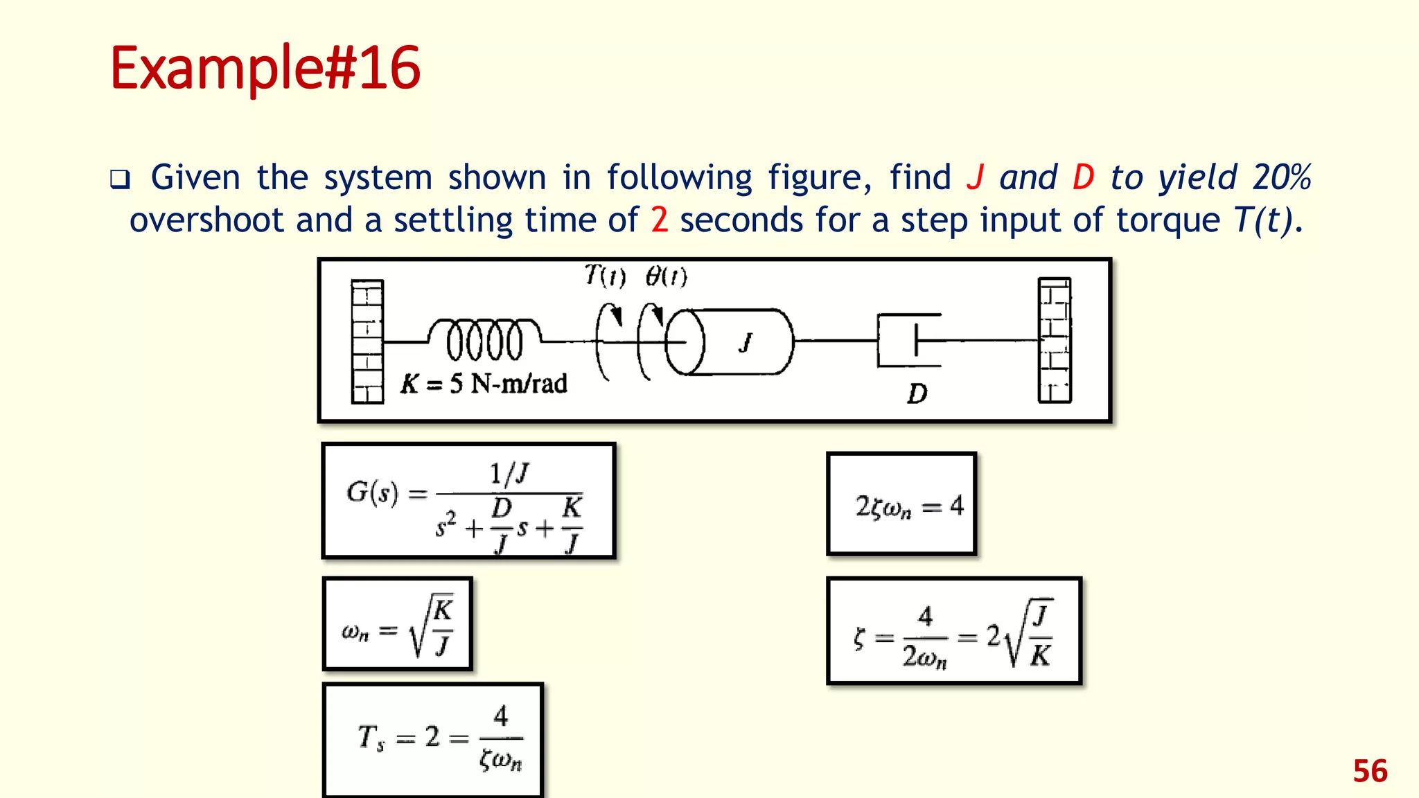 Example#16
 Given the system shown in following figure, find J and D to yield 20%
overshoot and a settling time of 2 seconds for a step input of torque T(t).
56
 