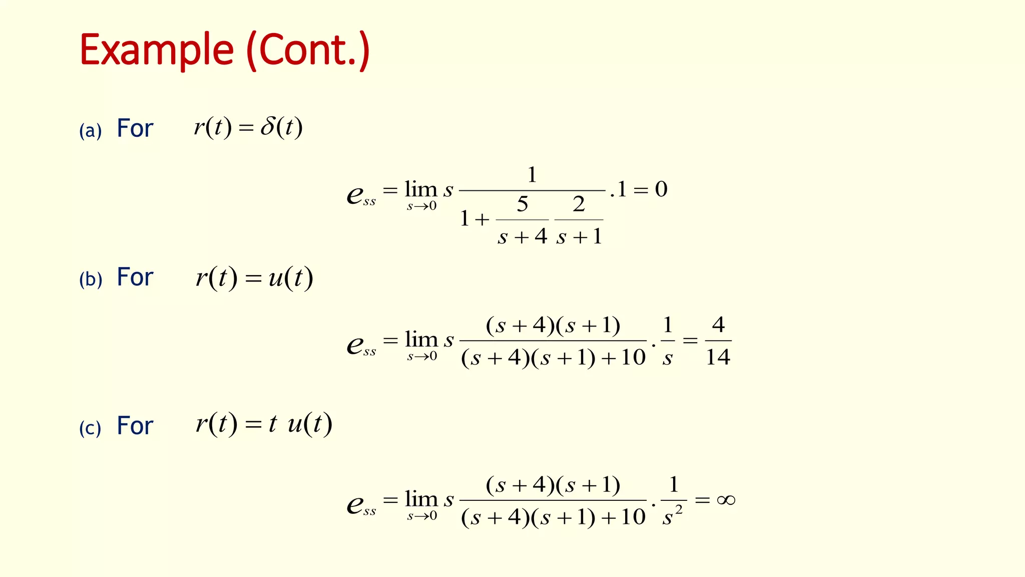 Example (Cont.)
(a) For
(b) For
(c) For
01.
1
2
4
5
1
1
lim
0





ss
s
ssse
)()( ttr 
14
41
.
10)1)(4(
)1)(4(
lim
0




 sss
ss
s
ssse
)()( tutr 
)()( tuttr 




 20
1
.
10)1)(4(
)1)(4(
lim
sss
ss
s
ssse
 