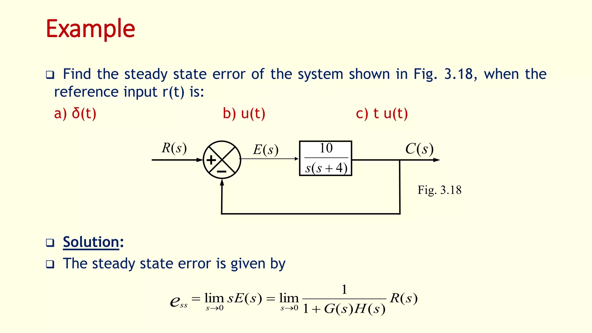 Example
 Find the steady state error of the system shown in Fig. 3.18, when the
reference input r(t) is:
a) δ(t) b) u(t) c) t u(t)
 Solution:
 The steady state error is given by
)(
)()(1
1
lim)(lim
00
sR
sHsG
ssE
sssse 


)(sR )(sC)(sE
)4(
10
ss
Fig. 3.18
 