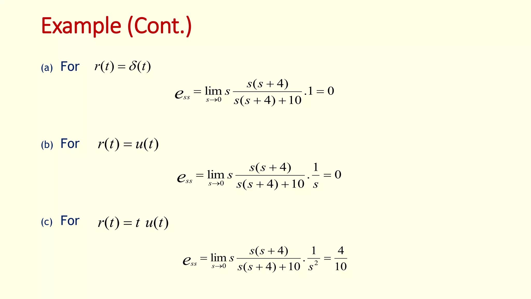 Example (Cont.)
(a) For
(b) For
(c) For
)()( ttr 
)()( tutr 
)()( tuttr 
01.
10)4(
)4(
lim
0




 ss
ss
s
ssse
0
1
.
10)4(
)4(
lim
0




 sss
ss
s
ssse
10
41
.
10)4(
)4(
lim 20




 sss
ss
s
ssse
 