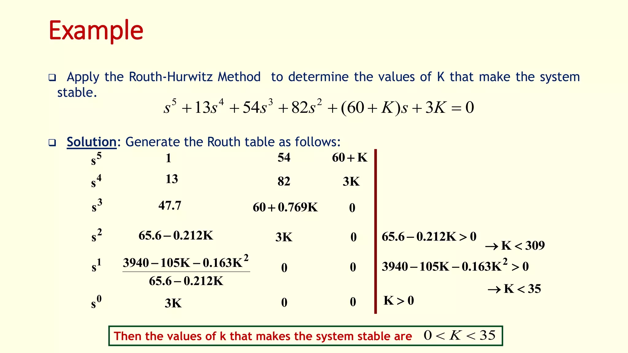 Example
 Apply the Routh-Hurwitz Method to determine the values of K that make the system
stable.
 Solution: Generate the Routh table as follows:
03)60(825413 2345
 KsKssss
1
13
5
s
4
s
3
s
2
s
1
s
0
s
7.47
K212.06.65 
K212.06.65
K163.0K1053940 2


K3
54
82
K60
K3
K769.060
K3
0
0
0
0
0 0
0K212.06.65 
309K 
0K163.0K1053940 2

35K 
0K 
Then the values of k that makes the system stable are 350  K
 