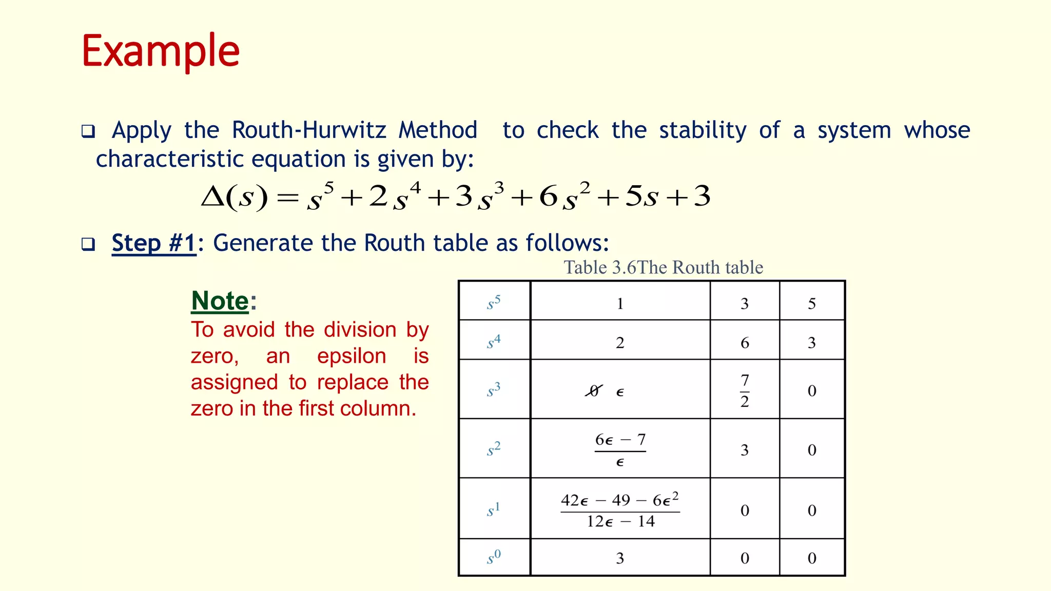 Example
 Apply the Routh-Hurwitz Method to check the stability of a system whose
characteristic equation is given by:
 Step #1: Generate the Routh table as follows:
35632)( 2345
 ssssss
Note:
To avoid the division by
zero, an epsilon is
assigned to replace the
zero in the first column.
Table 3.6The Routh table
 