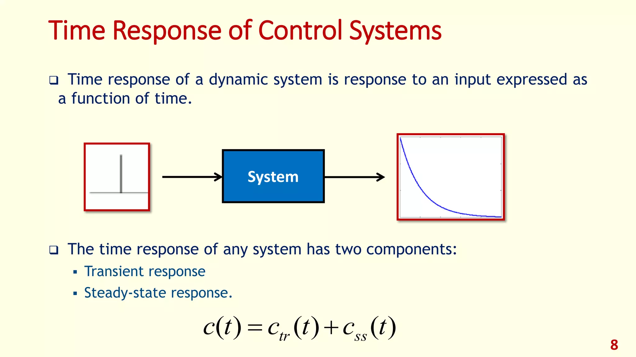 Time Response of Control Systems
 Time response of a dynamic system is response to an input expressed as
a function of time.
 The time response of any system has two components:
 Transient response
 Steady-state response.
8
System
)()()( tctctc sstr 
 