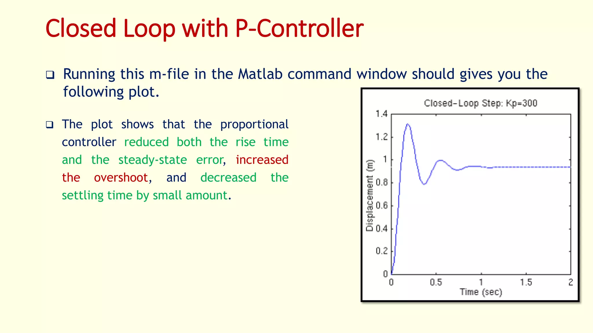 Closed Loop with P-Controller
 Running this m-file in the Matlab command window should gives you the
following plot.
 The plot shows that the proportional
controller reduced both the rise time
and the steady-state error, increased
the overshoot, and decreased the
settling time by small amount.
 