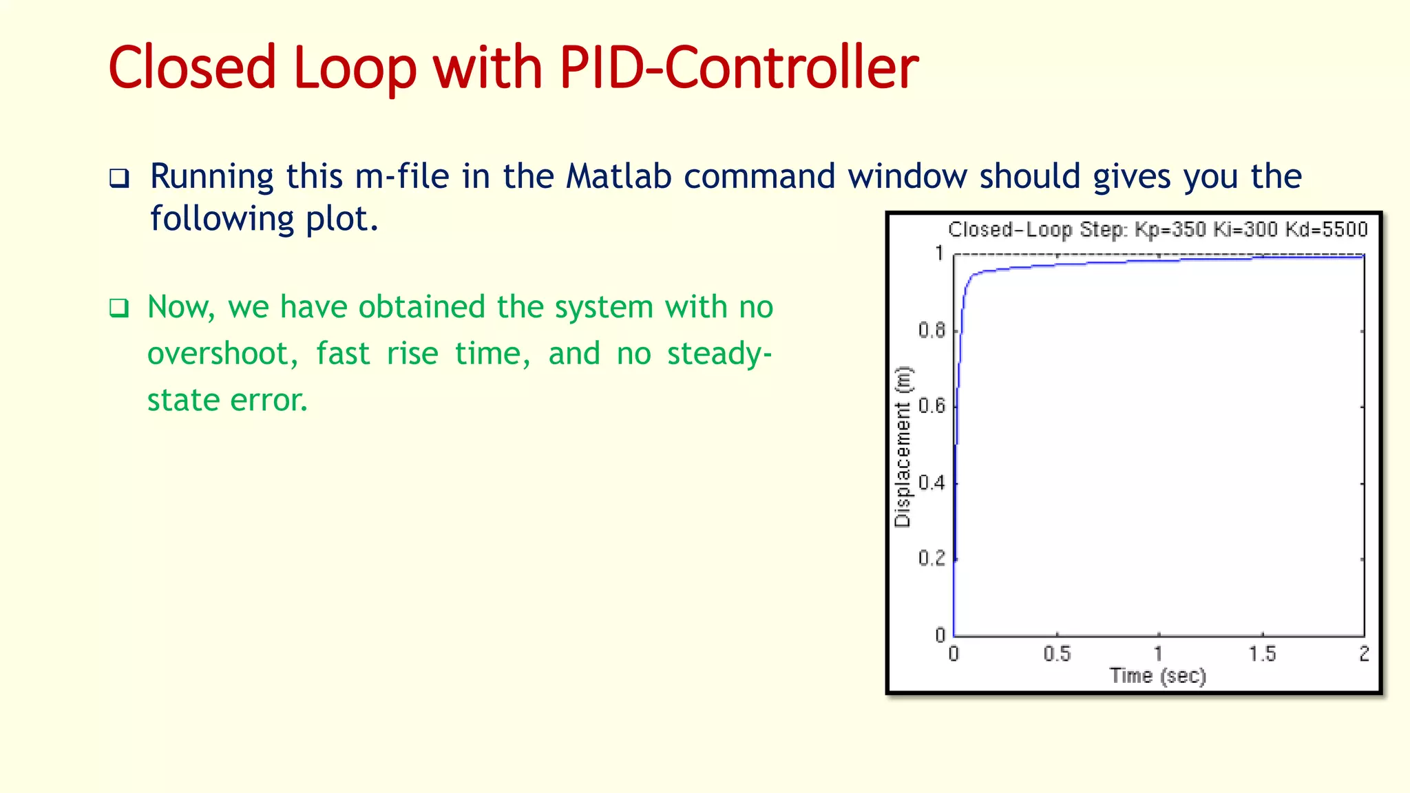 Closed Loop with PID-Controller
 Running this m-file in the Matlab command window should gives you the
following plot.
 Now, we have obtained the system with no
overshoot, fast rise time, and no steady-
state error.
 