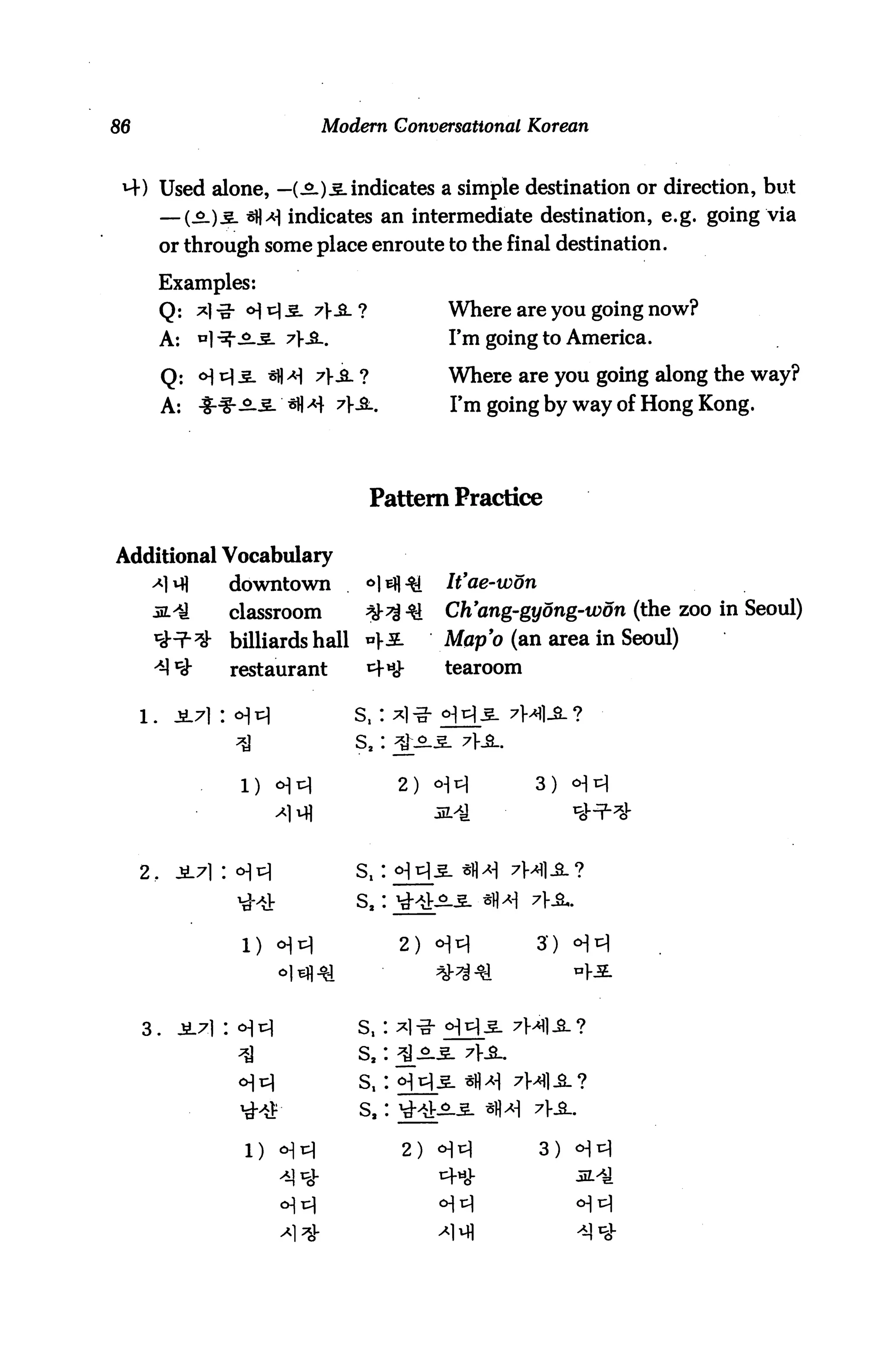 86                             Modern Conversational Korean



          Used alone, —(^l)5. indicates a simple destination or direction, but
          — (3.)3- «M indicates an intermediate destination, e.g. going via
          or through some place enroute to the final destination.

          Examples:
          Q: *]-£• o^-S- 7V_Sl?               Where are you going now?
          A:   °] -^--£-5- ?}£-.              I'm going to America.

          Q: <H ^ 3. *$ >H 7]-^. ?            Where are you going along the way?
          A:   $-%-£-£. *$* ?}£-.             I'm going by way of Hong Kong.




                                     Pattern Practice

Additional Vocabulary
      *] ^         downtown         °1^1^     It'ae-won
      32.41        classroom        7&7i Q    Ch'ang-gydng-won (the zoo in Seoul)
      ^^           billiards hall nj-jL       Map'o (an area in Seoul)
      ^ *3"        restaurant       cf*8-     tearoom

     1.    iL7l:oi^                S, : ^1 -g- <H t^ ^_ 7H]_2_ ?




                    l)                   2) °t          3)




                                   sx:



                                         2)               3)




                                   s.                  7H1-S.?
                                   S,
                                   S,
                                   s,

                                         2)               3)
 